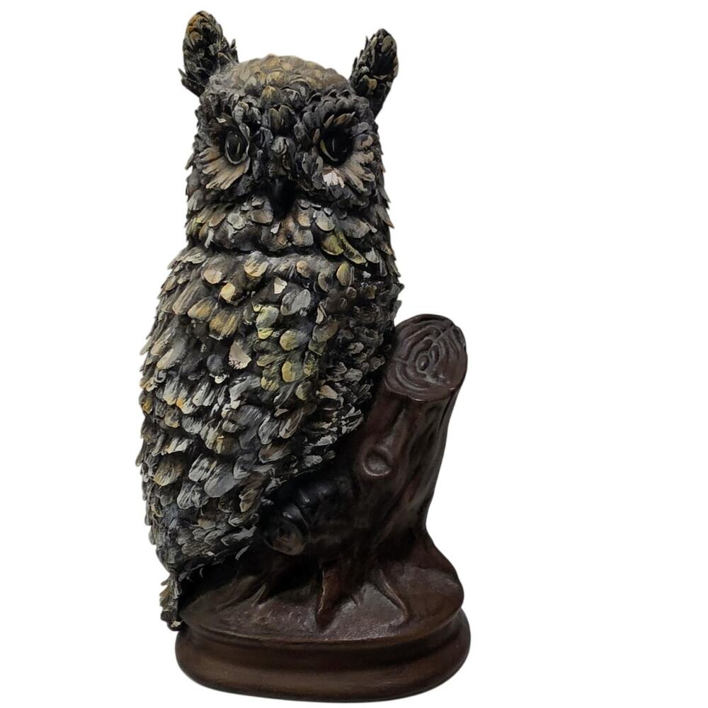 Vintage Owl Figurine on Stump, ?Plaster Layered Feathers 70s Heavy